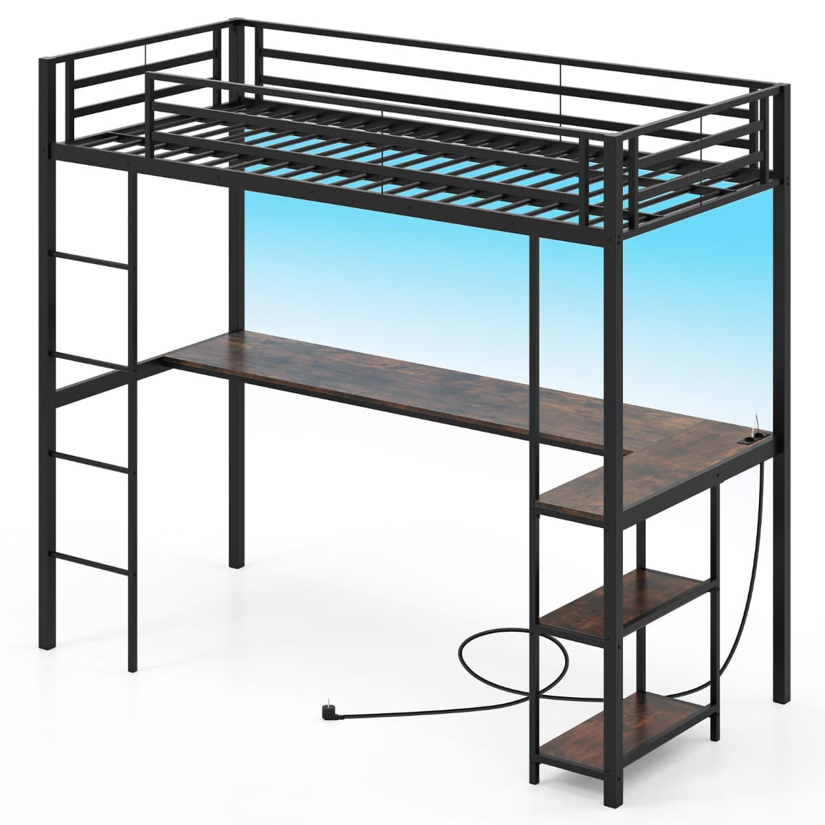 CostwayLit Mezzanine 200 x 90 cm avec Bureau Lit Surélevé avec LED Station de Charge et Rangement & Garde-corps de Sécurité et Échelle Noir