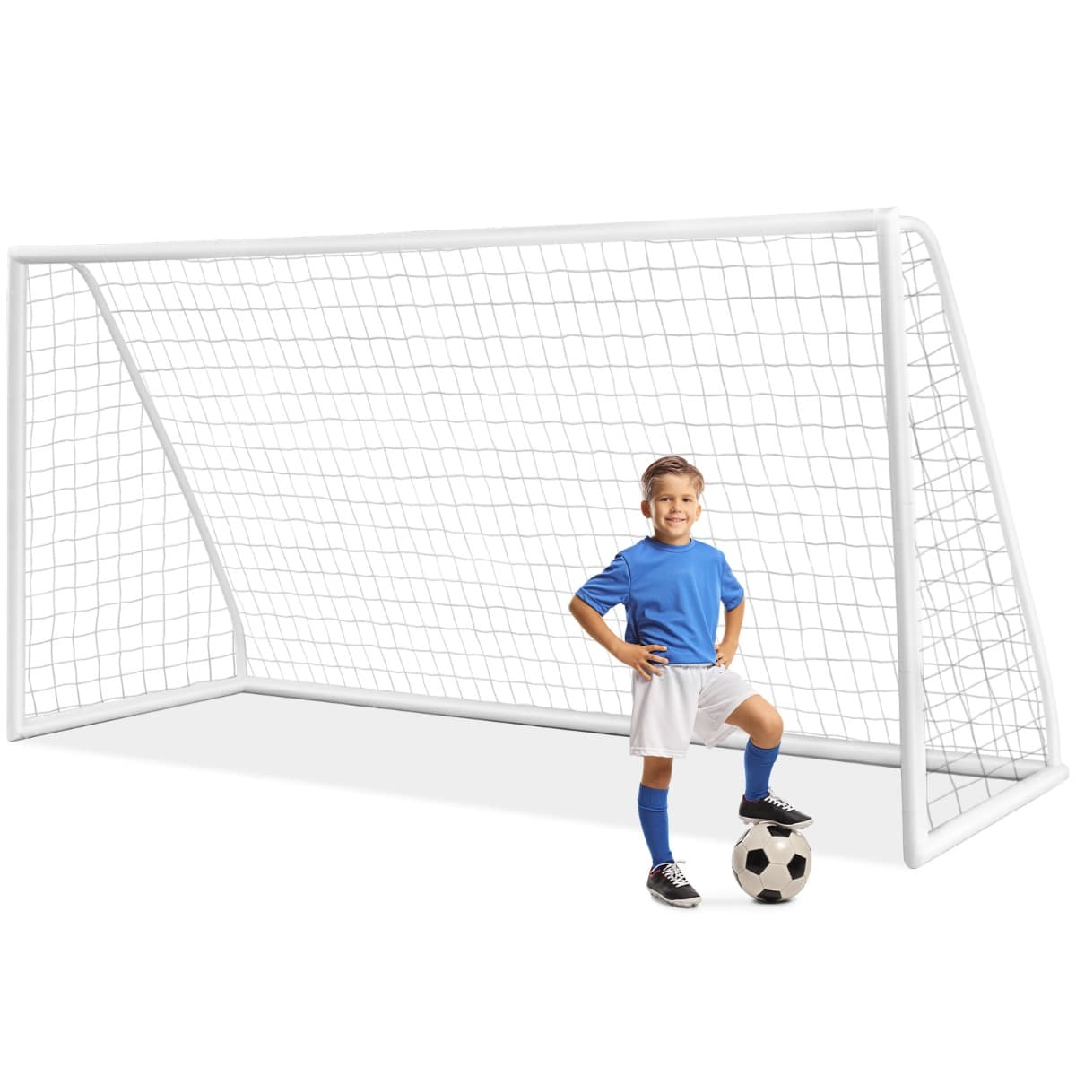CostwayBut de Football 365x182cm Toutes Saisons Cadre en Pvc Solide Filet Haute Résistance 6 Piquets de Sol Assemblage Facile Équipement de Football